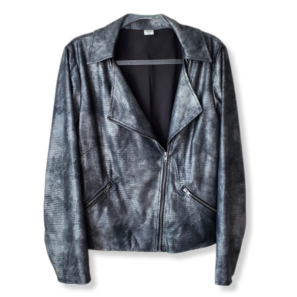 Women Metallic Gray Vegan Moto Jacket L 12 Whimsy Grunge Rocker Modern Indie - Picture 1 of 15